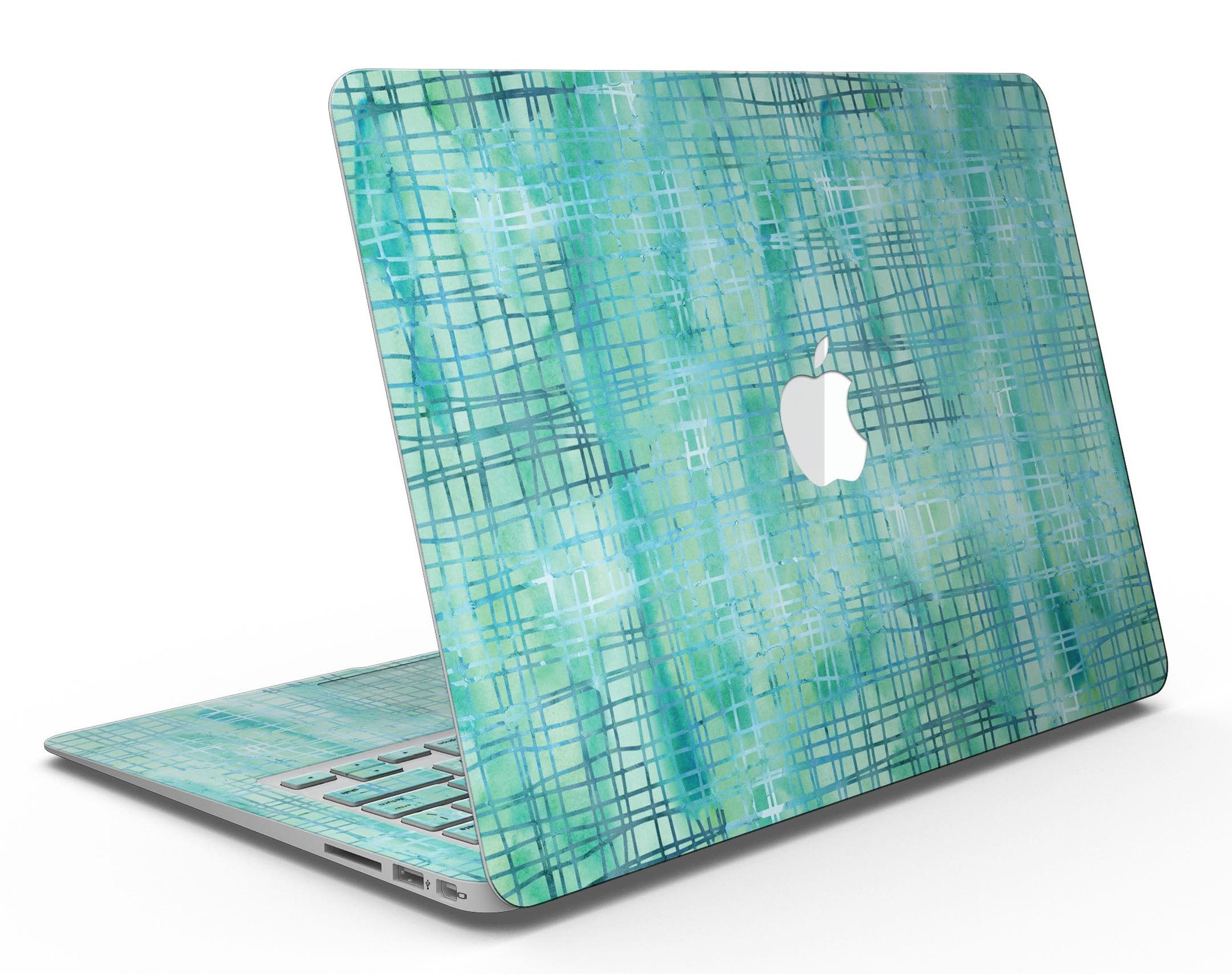 Aqua Watercolor Cross Hatch skin applied to a MacBook Air, showcasing vibrant colors and smooth finish.