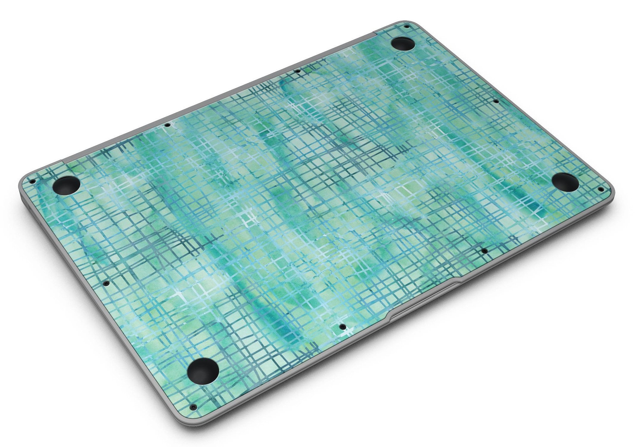 Aqua Watercolor Cross Hatch skin applied to a MacBook Air, showcasing vibrant colors and smooth finish.