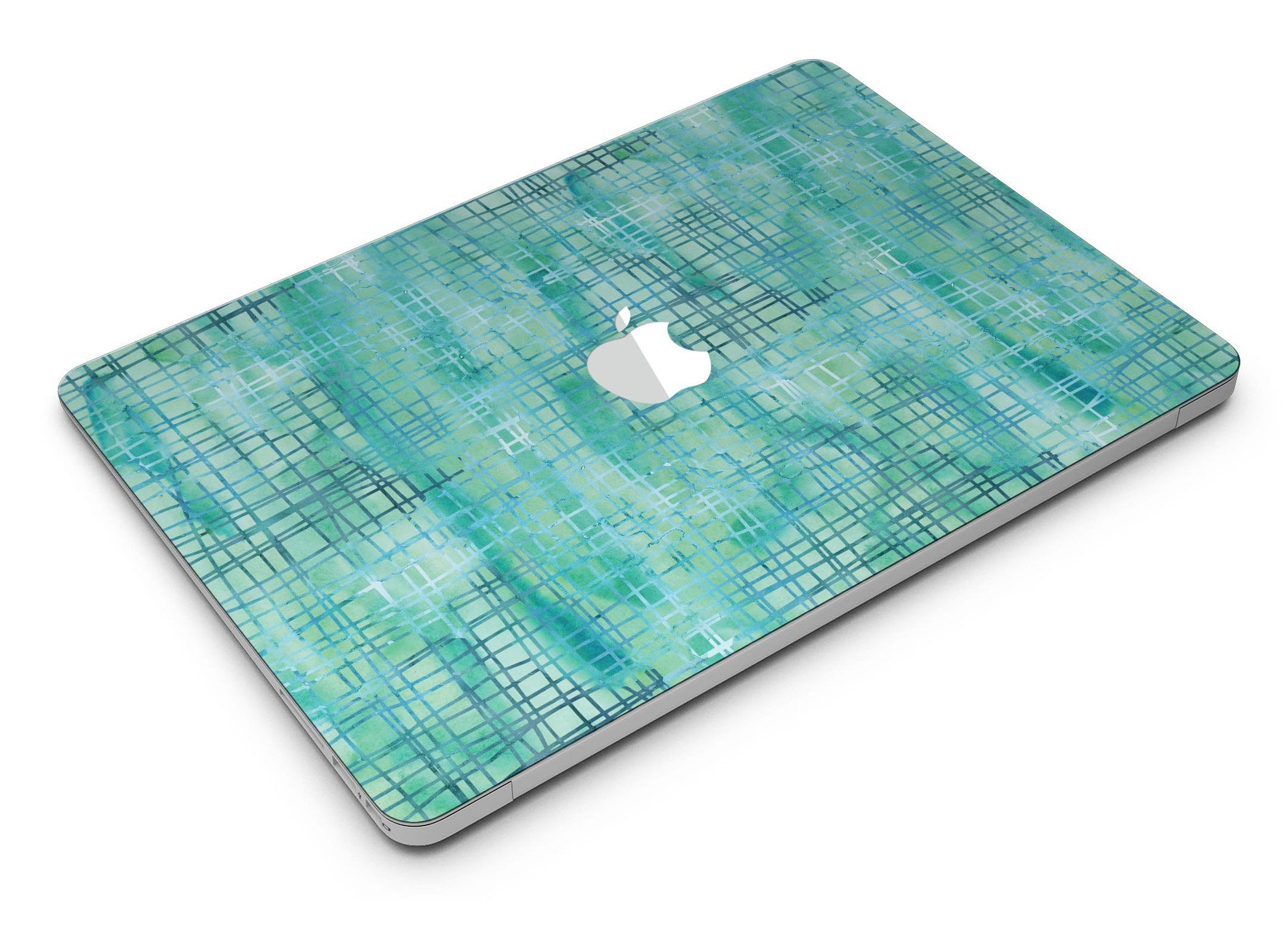 Aqua Watercolor Cross Hatch skin applied to a MacBook Air, showcasing vibrant colors and smooth finish.