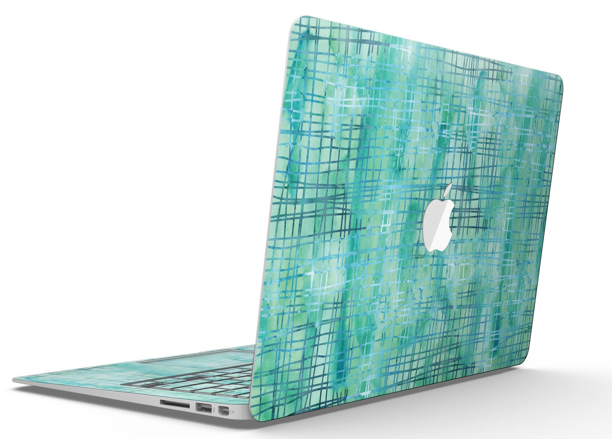 Aqua Watercolor Cross Hatch skin applied to a MacBook Air, showcasing vibrant colors and smooth finish.