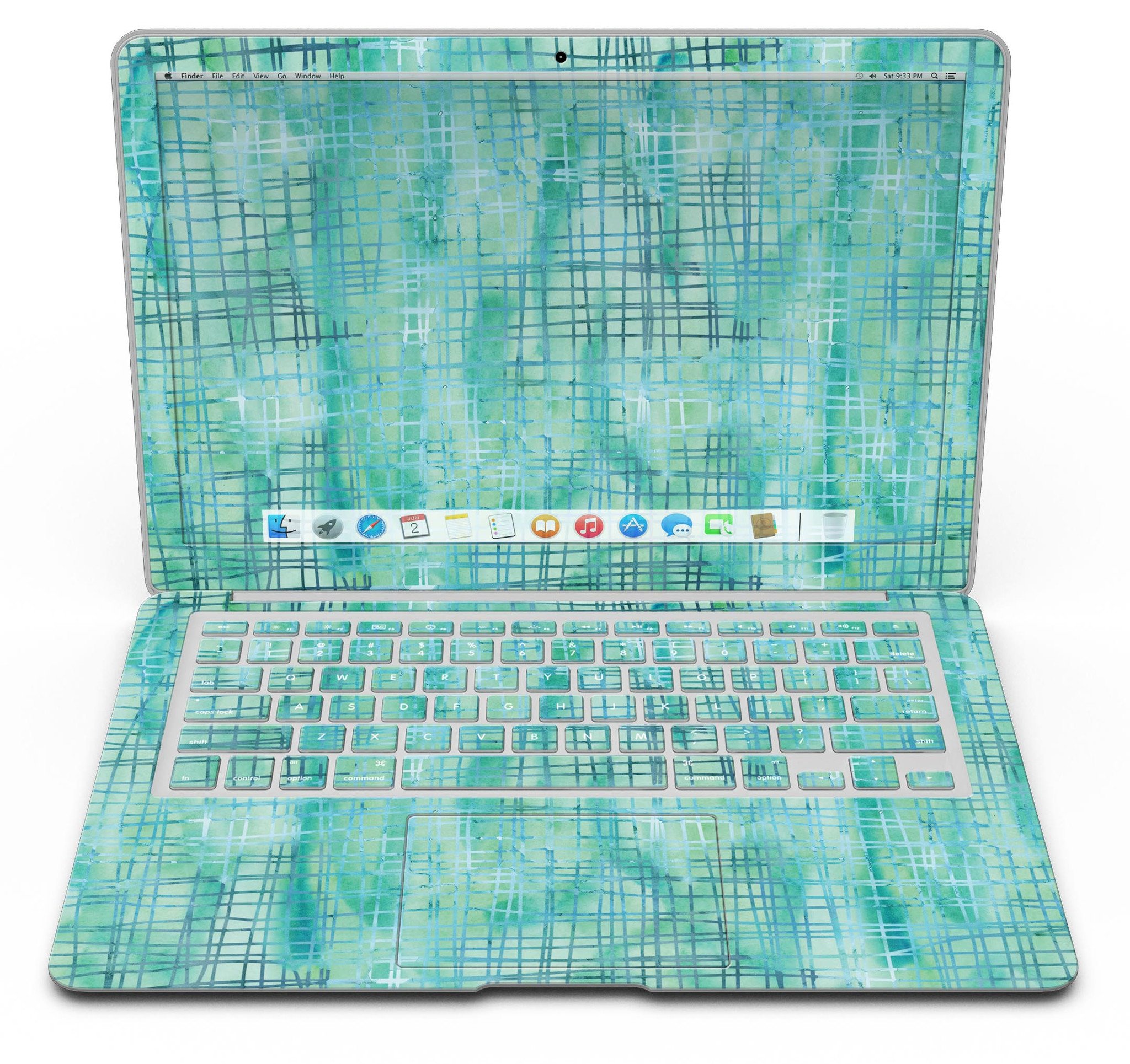 Aqua Watercolor Cross Hatch skin applied to a MacBook Air, showcasing vibrant colors and smooth finish.