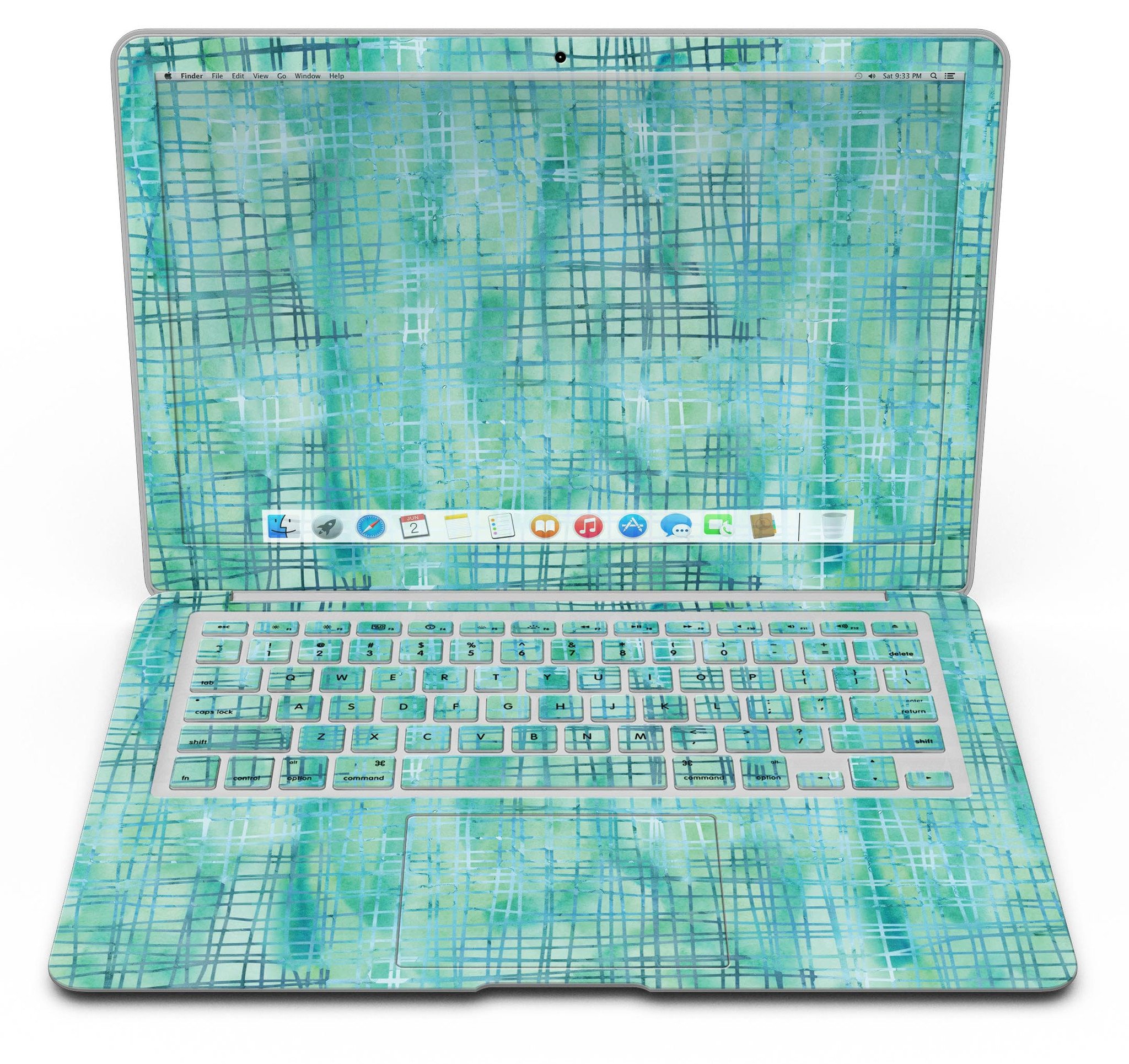 Aqua Watercolor Cross Hatch skin applied to a MacBook Air, showcasing vibrant colors and smooth finish.