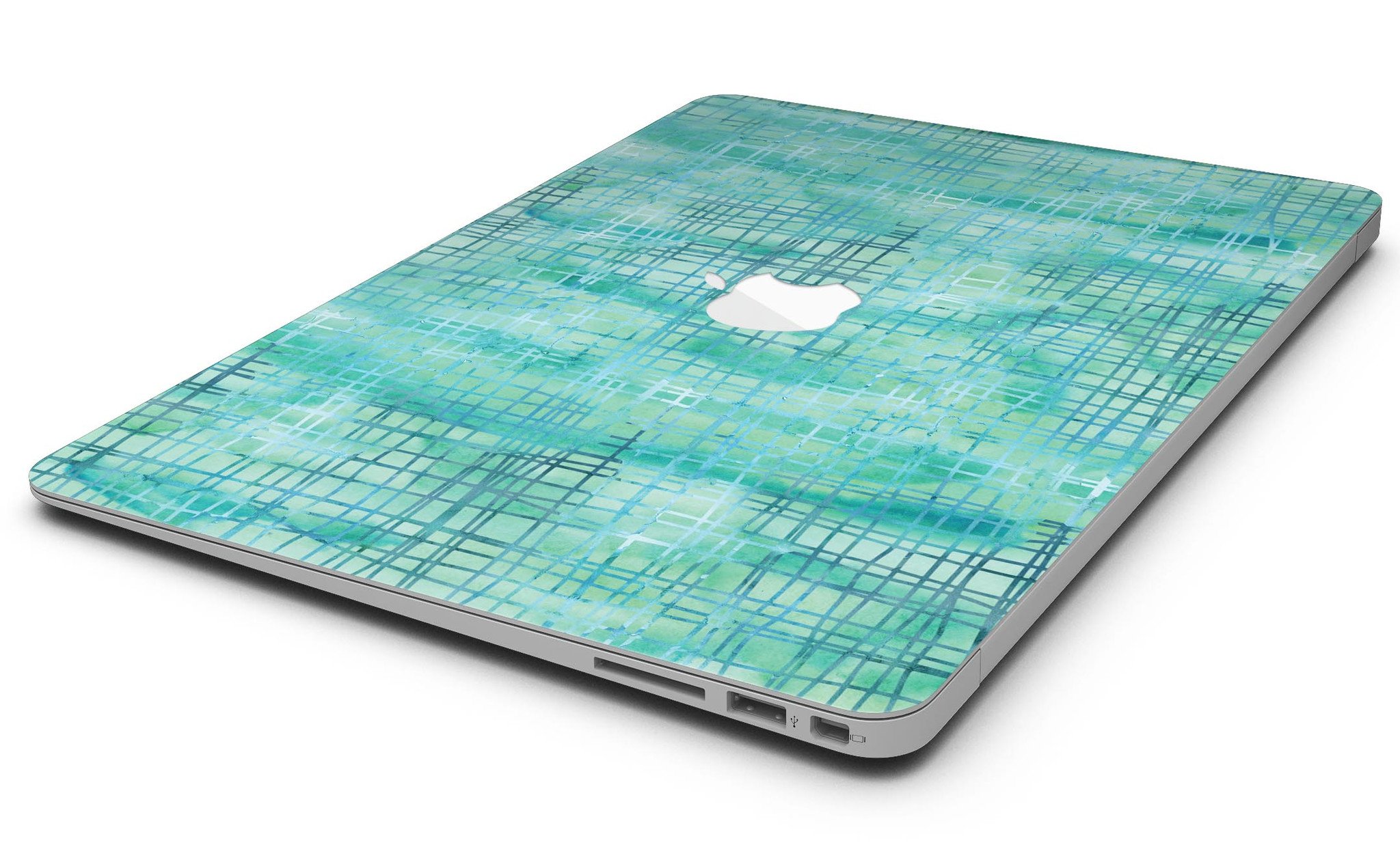 Aqua Watercolor Cross Hatch skin applied to a MacBook Air, showcasing vibrant colors and smooth finish.