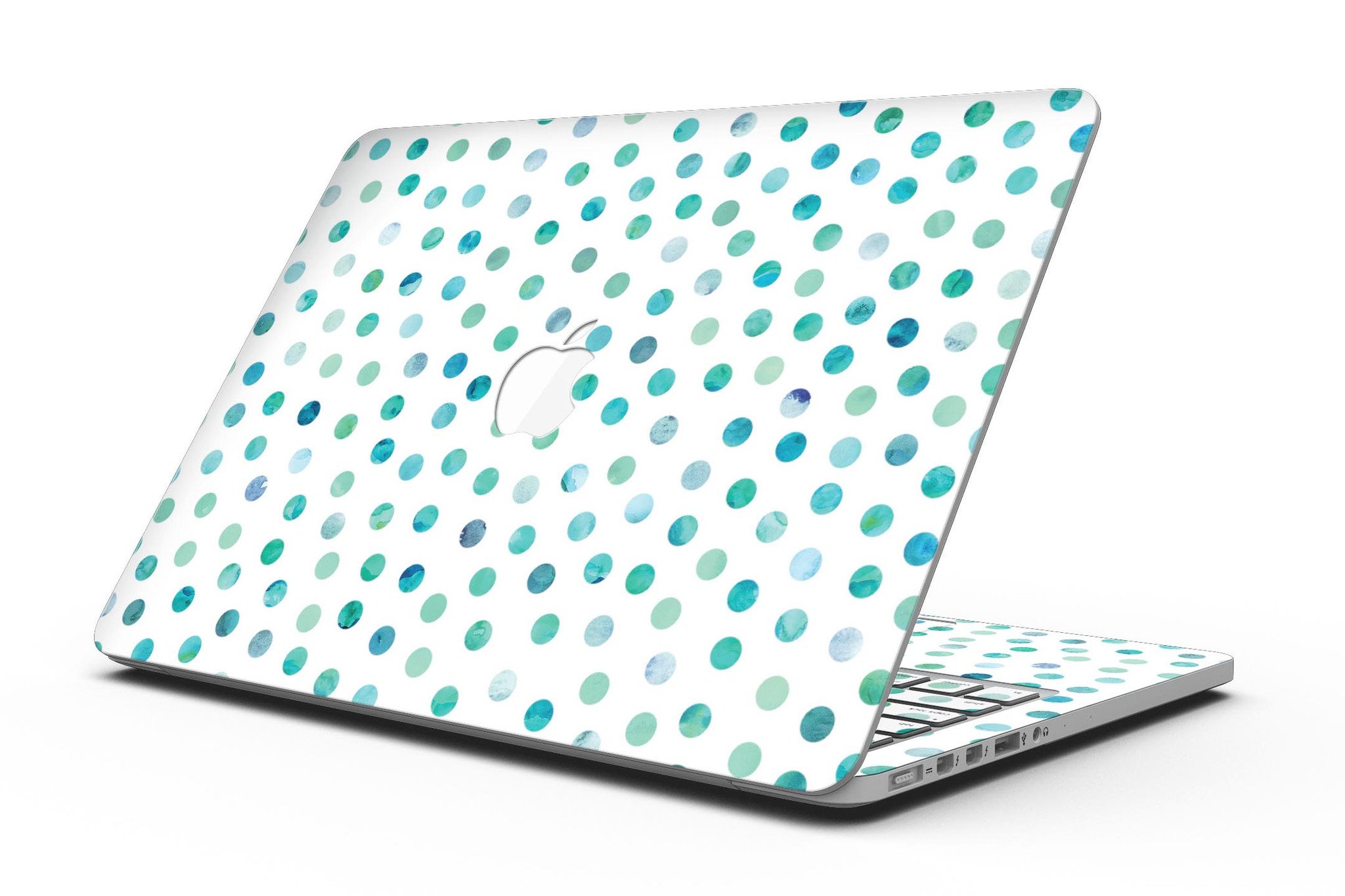 Aqua Watercolor Dots skin for MacBook Pro with Retina Display, showcasing vibrant colors and a stylish design.