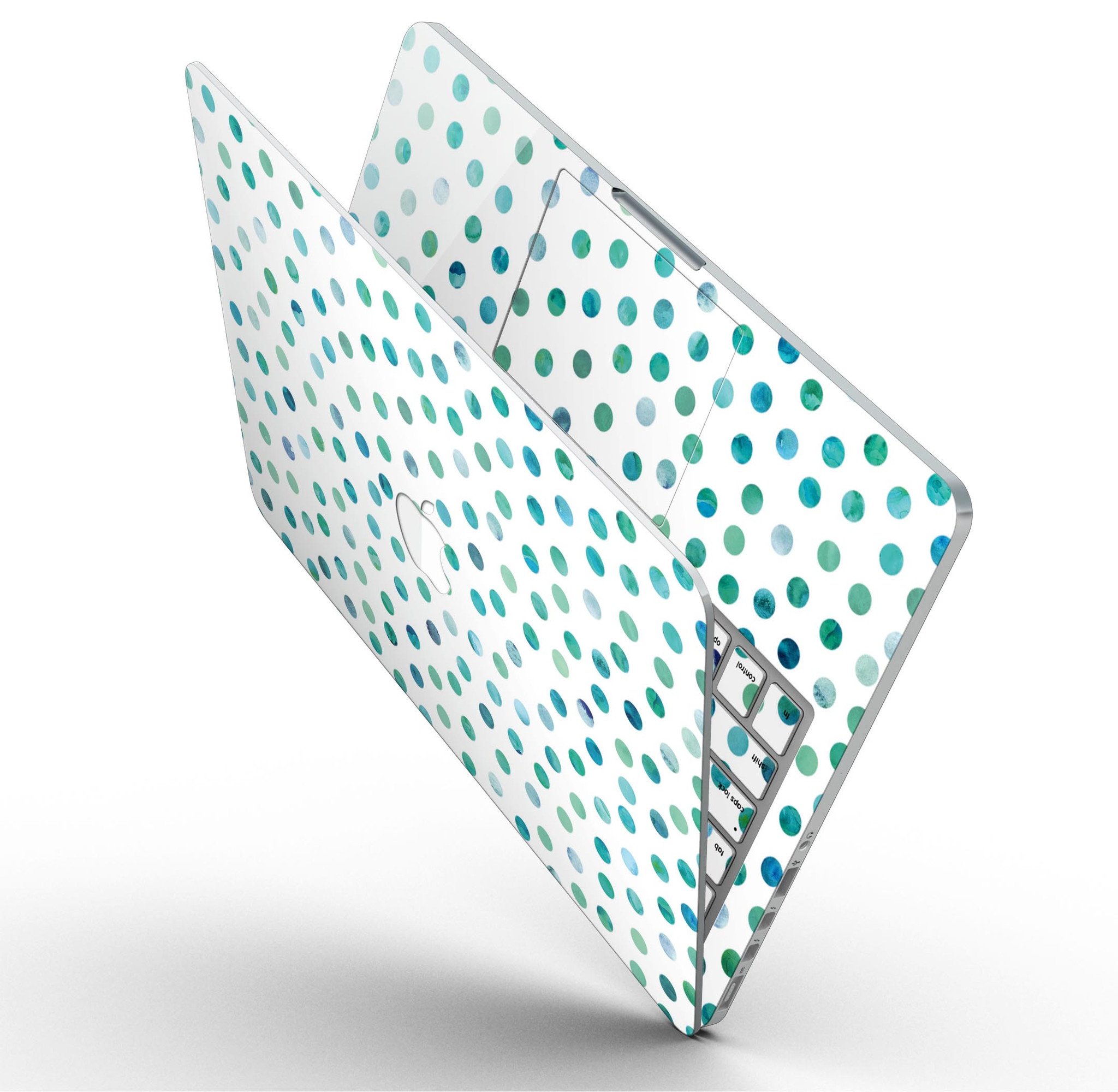 Aqua Watercolor Dots skin for MacBook Pro with Retina Display, showcasing vibrant colors and a stylish design.