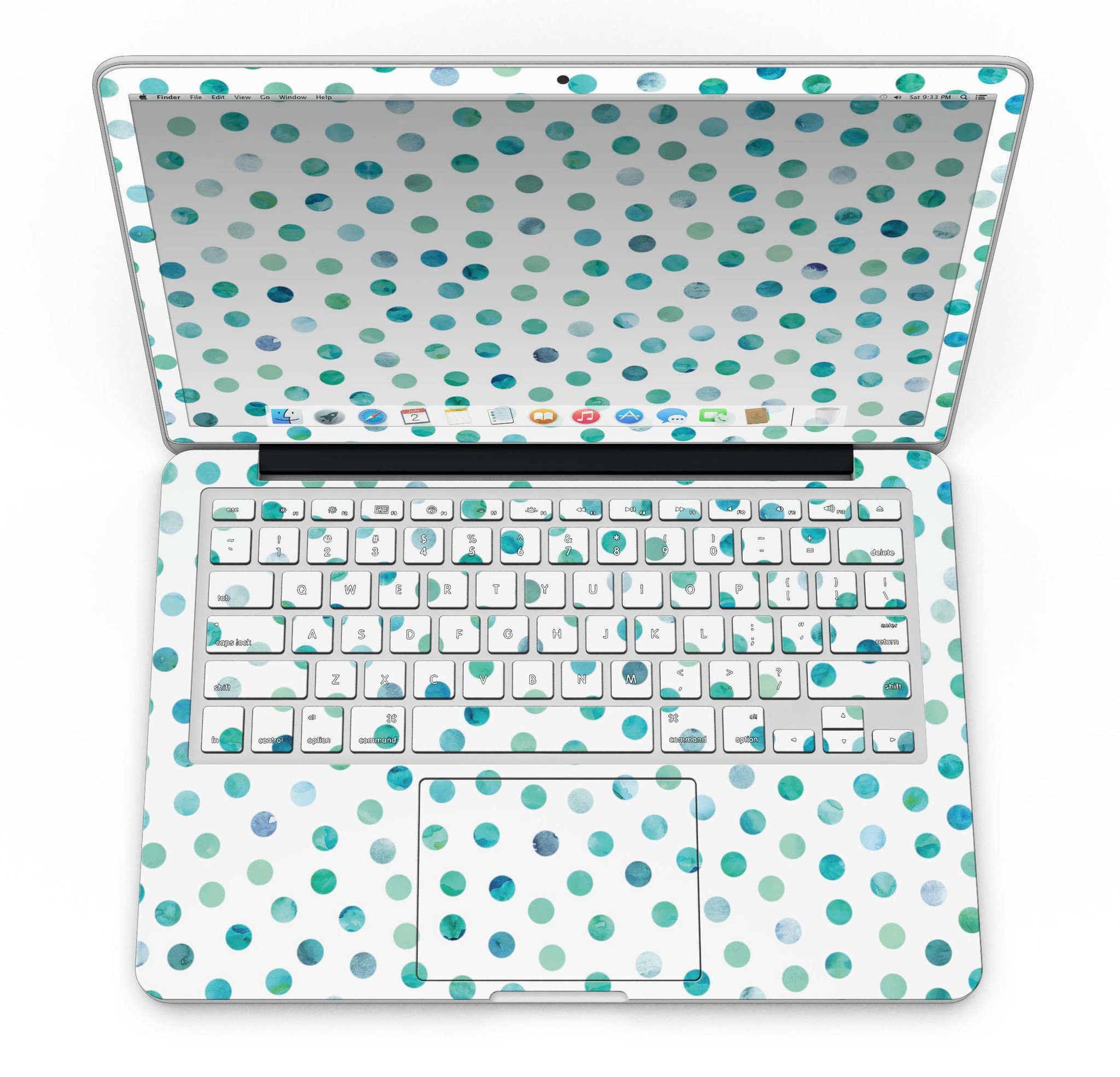 Aqua Watercolor Dots skin for MacBook Pro with Retina Display, showcasing vibrant colors and a stylish design.