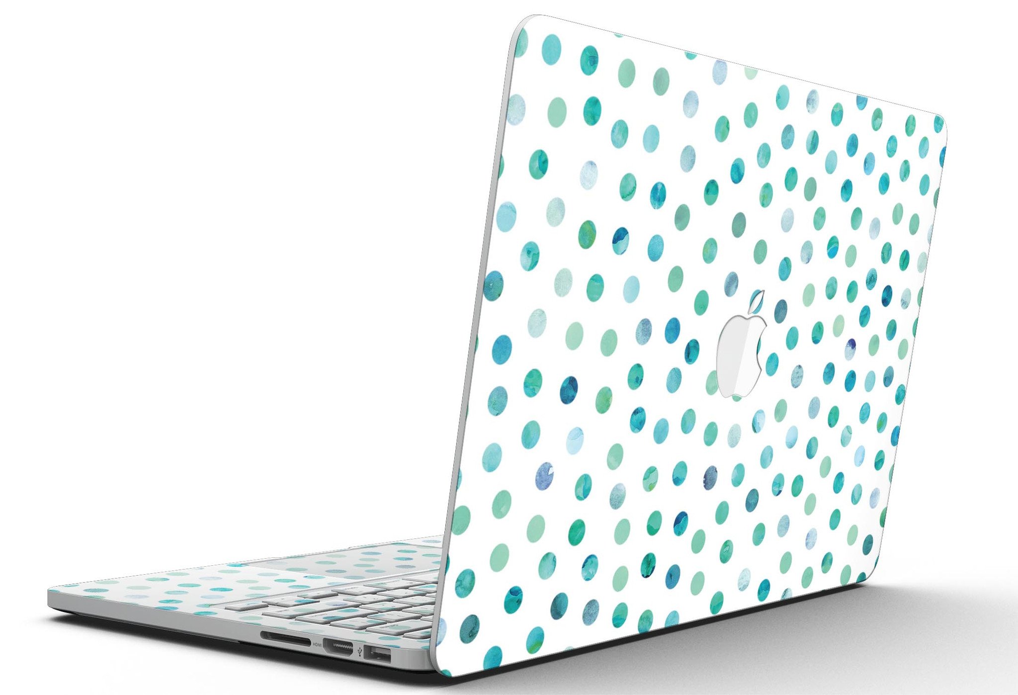 Aqua Watercolor Dots skin for MacBook Pro with Retina Display, showcasing vibrant colors and a stylish design.