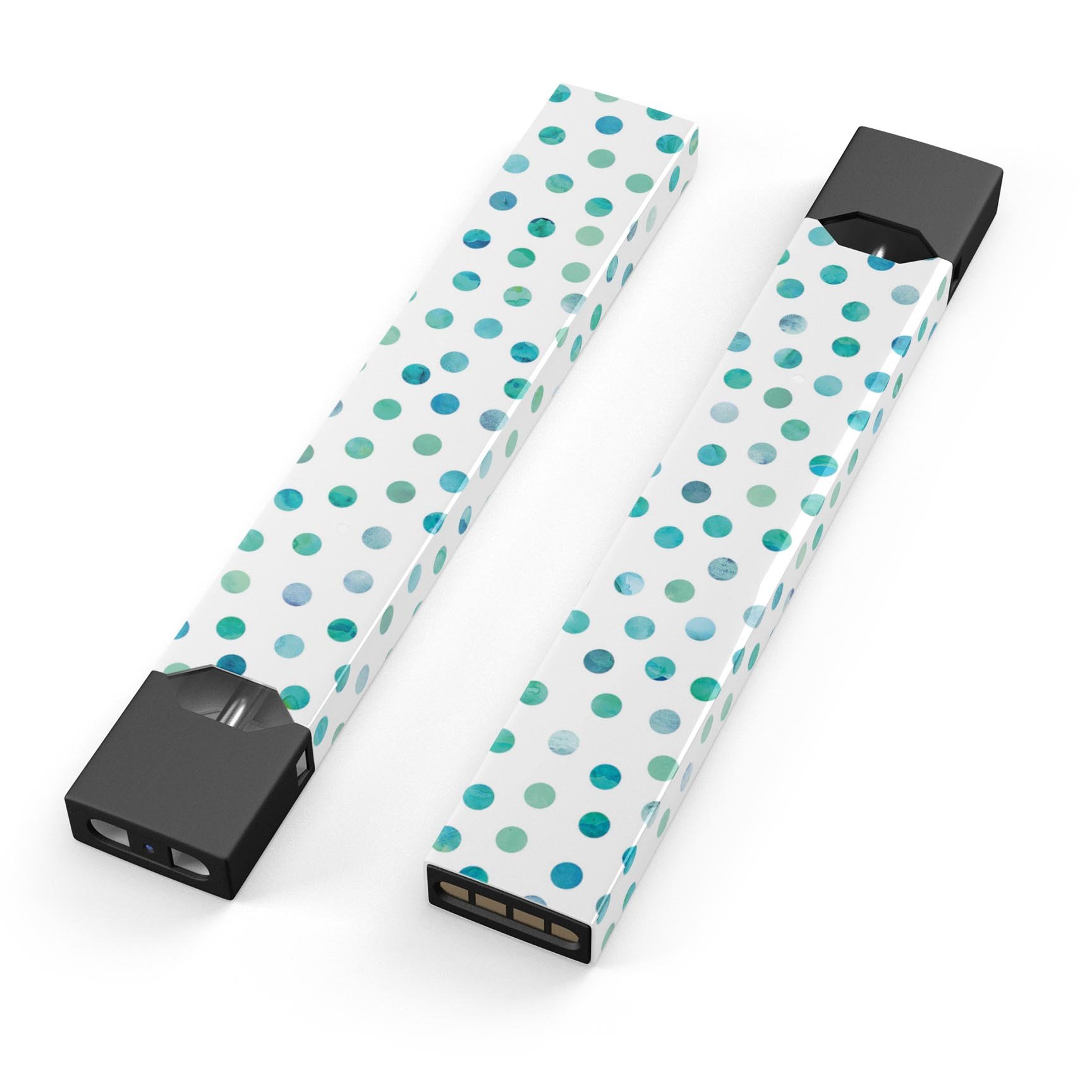 Aqua Watercolor Dots skin-wrap for JUUL device, showcasing vibrant colors and precise cut.