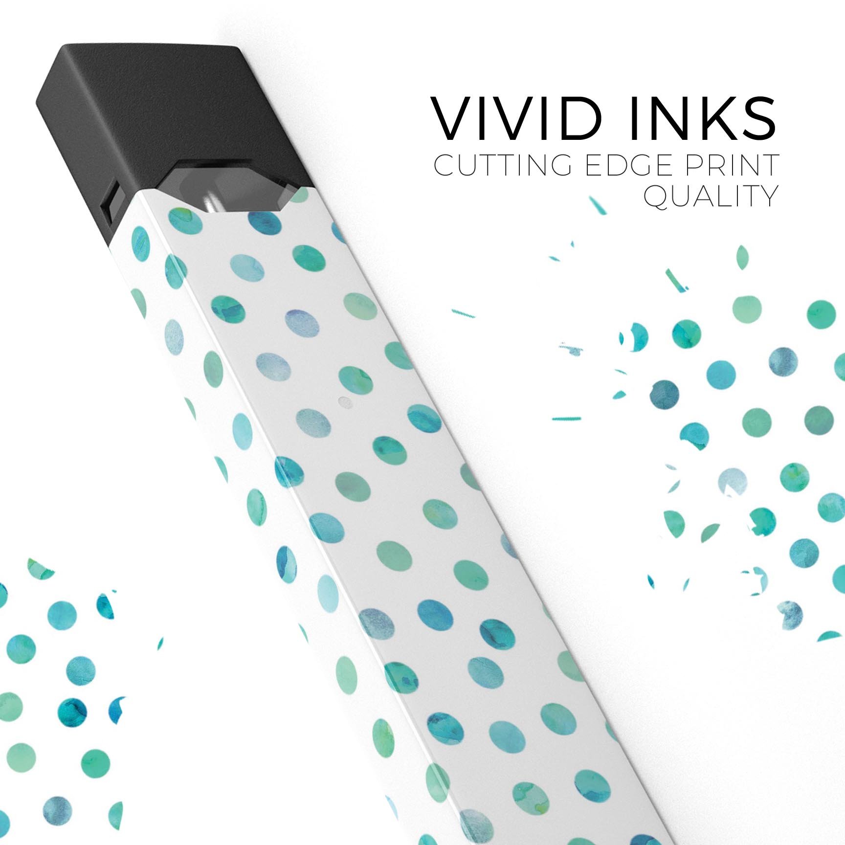 Aqua Watercolor Dots skin-wrap for JUUL device, showcasing vibrant colors and precise cut.