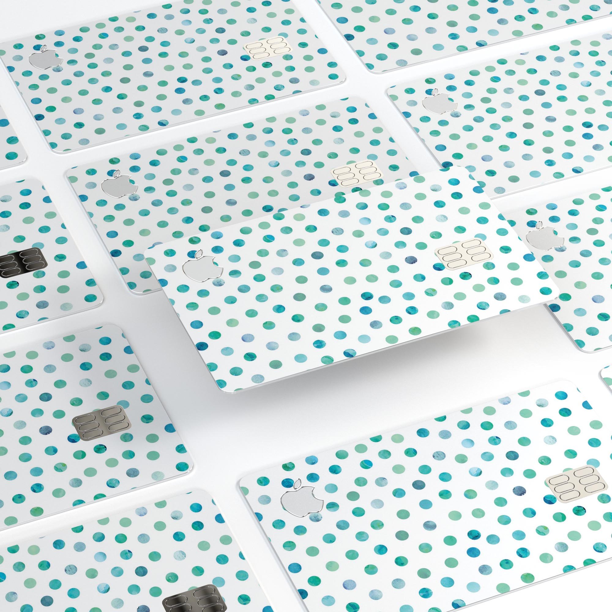 Aqua Watercolor Dots skin for Apple Card, showcasing vibrant colors and a protective design.