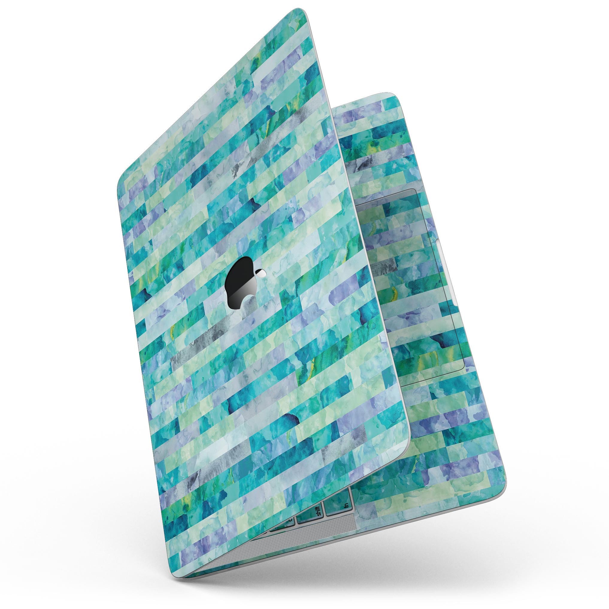 Aqua Watercolor Patchwork skin kit for 13" MacBook Pro without Touch Bar, showcasing vibrant colors and unique design.