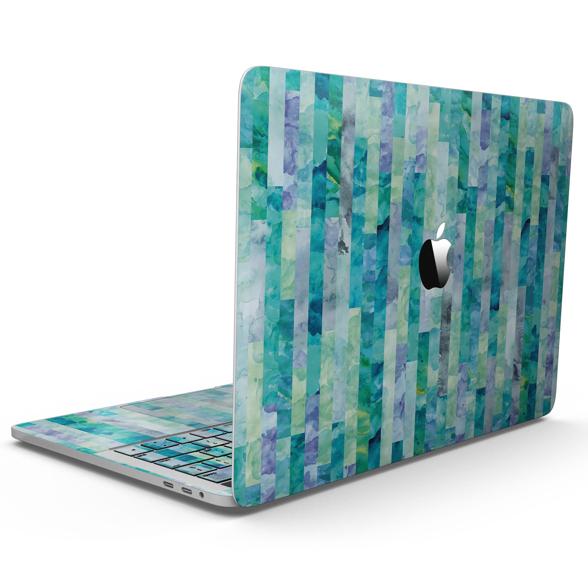 Aqua Watercolor Patchwork skin kit for 13" MacBook Pro without Touch Bar, showcasing vibrant colors and unique design.