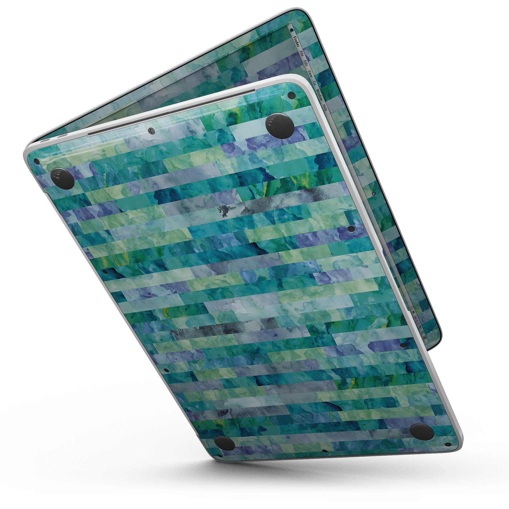 Aqua Watercolor Patchwork skin kit for 13" MacBook Pro without Touch Bar, showcasing vibrant colors and unique design.