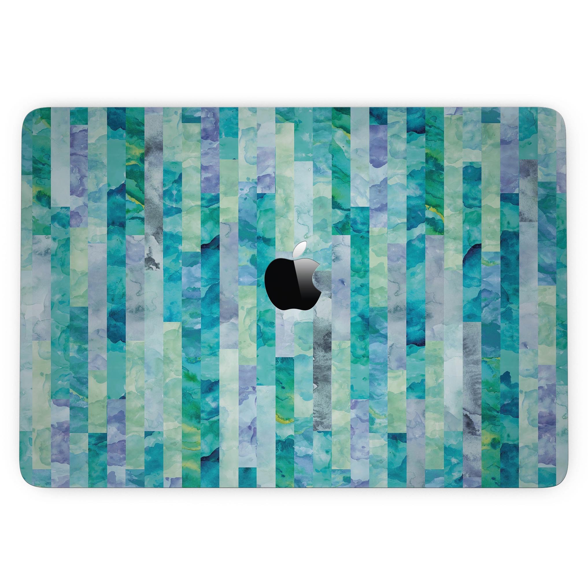 Aqua Watercolor Patchwork skin kit for 13" MacBook Pro without Touch Bar, showcasing vibrant colors and unique design.