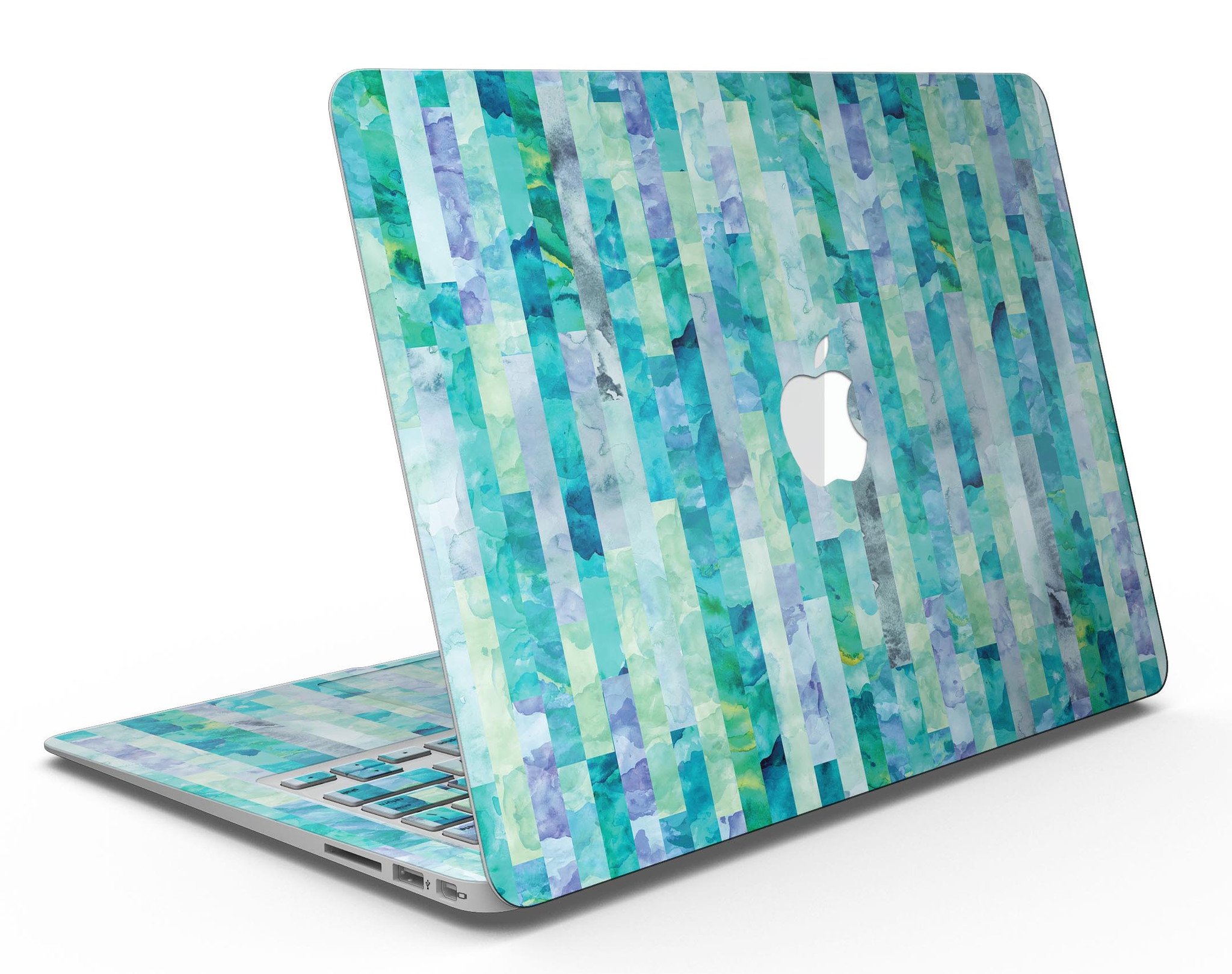 Aqua Watercolor Patchwork skin kit for MacBook Air, showcasing vibrant colors and a stylish design.