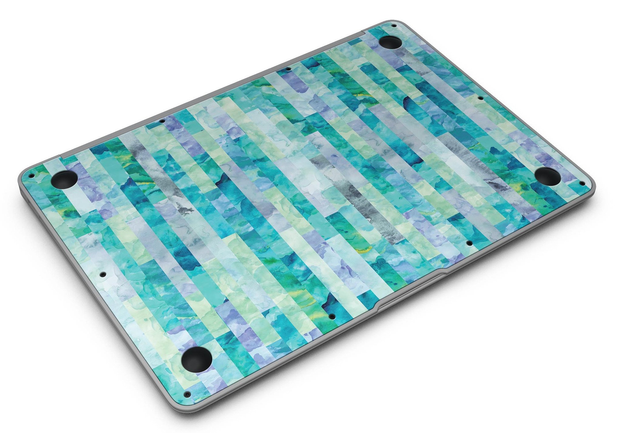 Aqua Watercolor Patchwork skin kit for MacBook Air, showcasing vibrant colors and a stylish design.