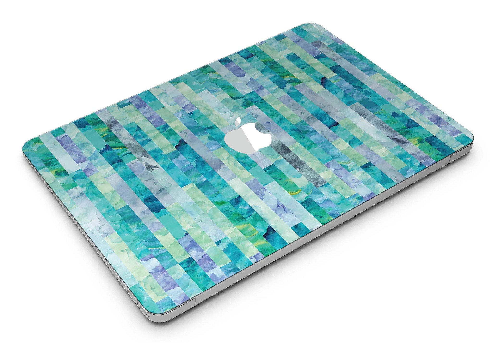 Aqua Watercolor Patchwork skin kit for MacBook Air, showcasing vibrant colors and a stylish design.