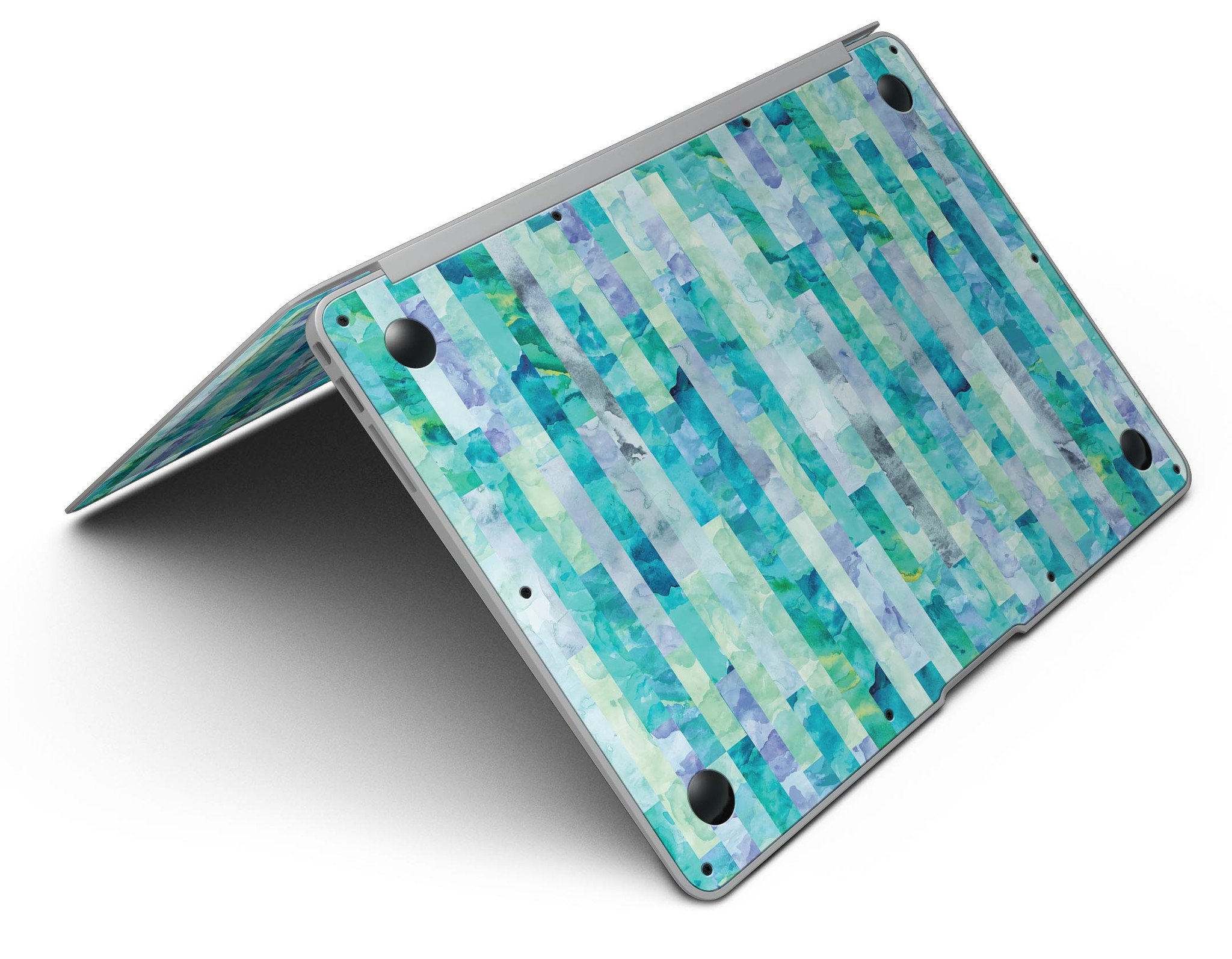 Aqua Watercolor Patchwork skin kit for MacBook Air, showcasing vibrant colors and a stylish design.