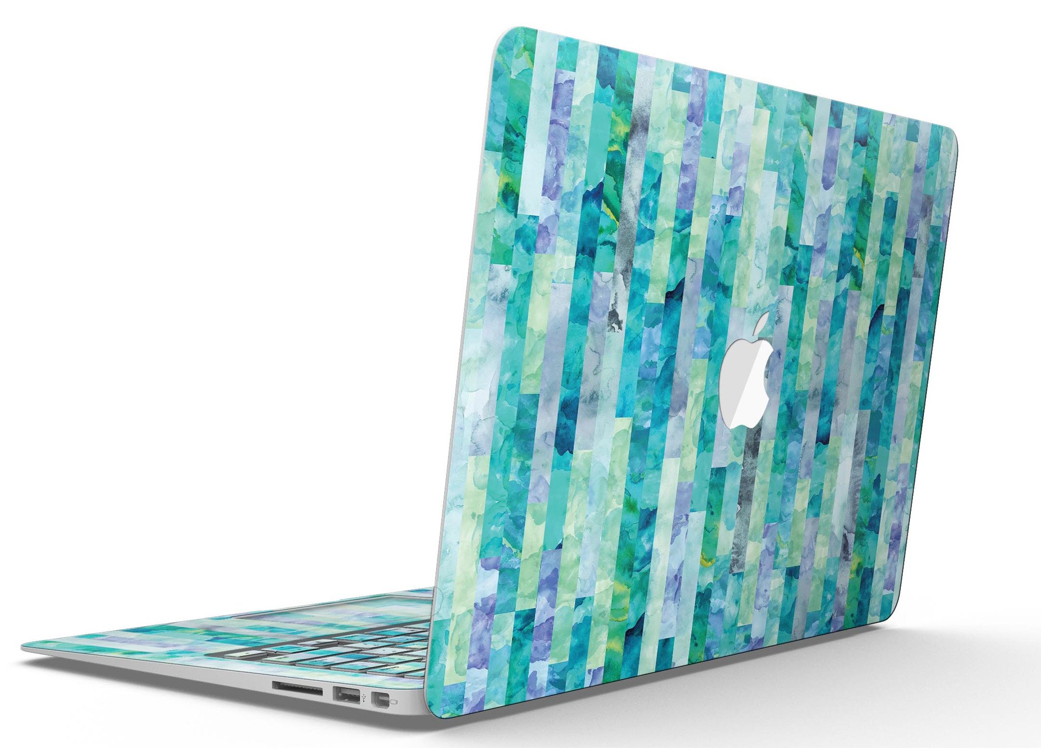 Aqua Watercolor Patchwork skin kit for MacBook Air, showcasing vibrant colors and a stylish design.