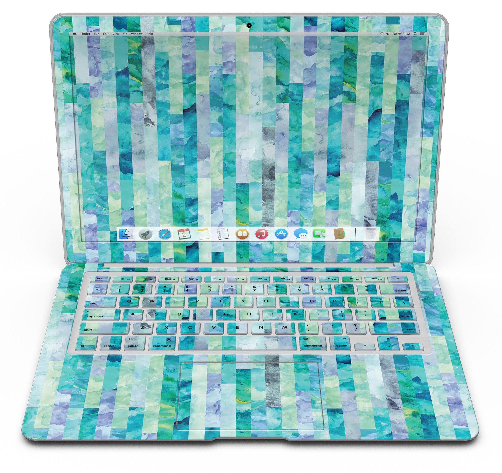 Aqua Watercolor Patchwork skin kit for MacBook Air, showcasing vibrant colors and a stylish design.