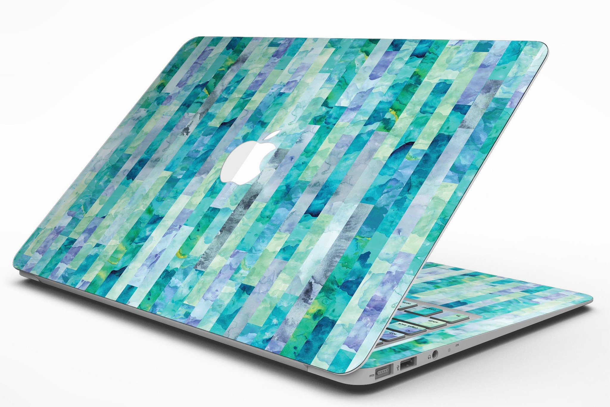 Aqua Watercolor Patchwork skin kit for MacBook Air, showcasing vibrant colors and a stylish design.