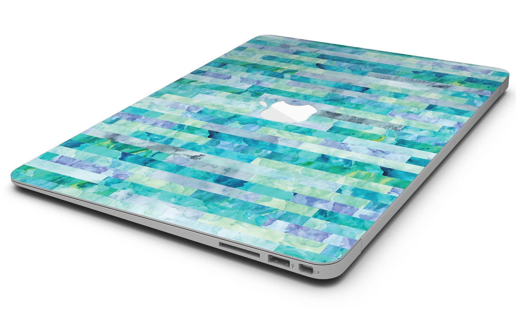 Aqua Watercolor Patchwork skin kit for MacBook Air, showcasing vibrant colors and a stylish design.