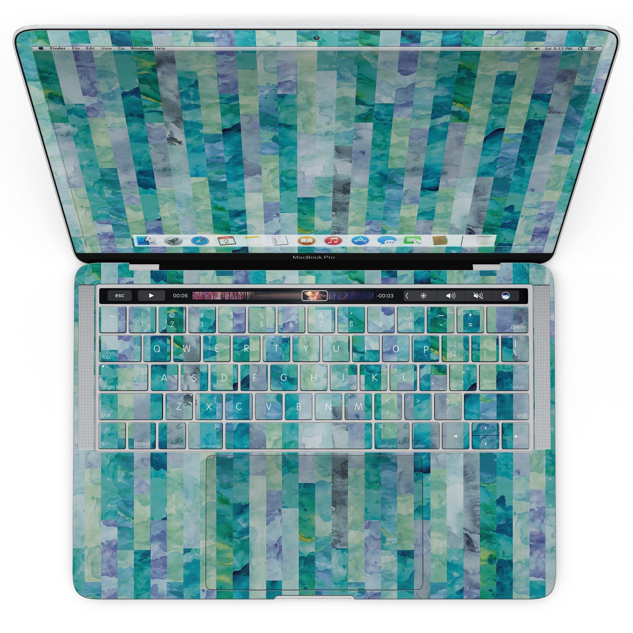 Aqua Watercolor Patchwork skin applied to a MacBook Pro with Touch Bar, showcasing vibrant colors and a sleek design.