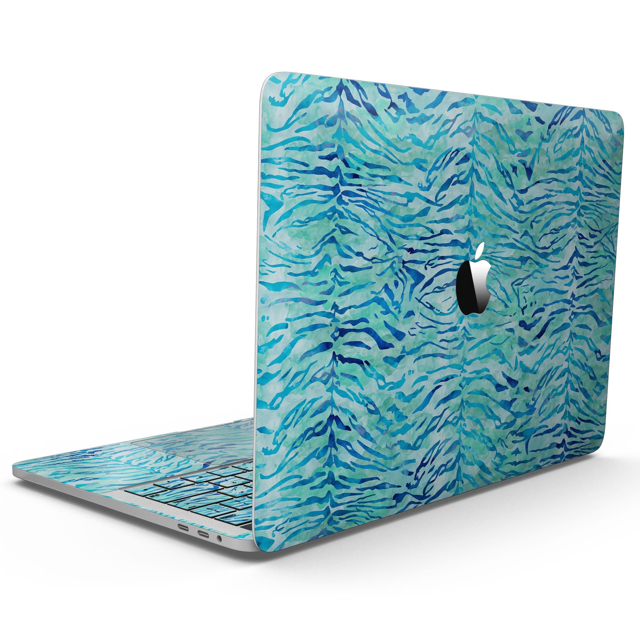 Aqua Watercolor Tiger Pattern skin for 13" MacBook Pro without Touch Bar, showcasing vibrant colors and artistic design.