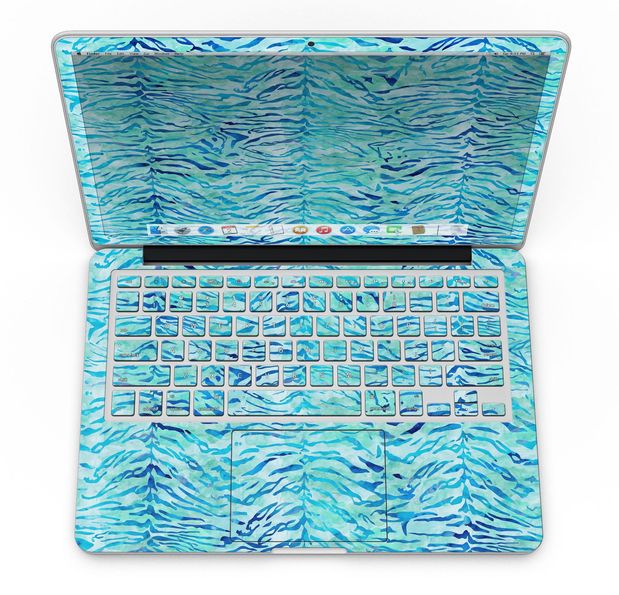 Aqua Watercolor Tiger Pattern skin for MacBook Pro with Retina Display, showcasing vibrant colors and intricate design.