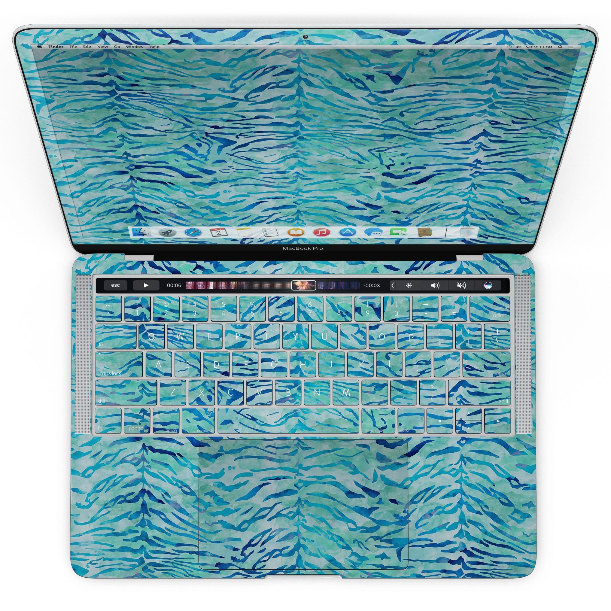 Aqua Watercolor Tiger Pattern skin for MacBook Pro with Touch Bar, showcasing vibrant colors and intricate design.