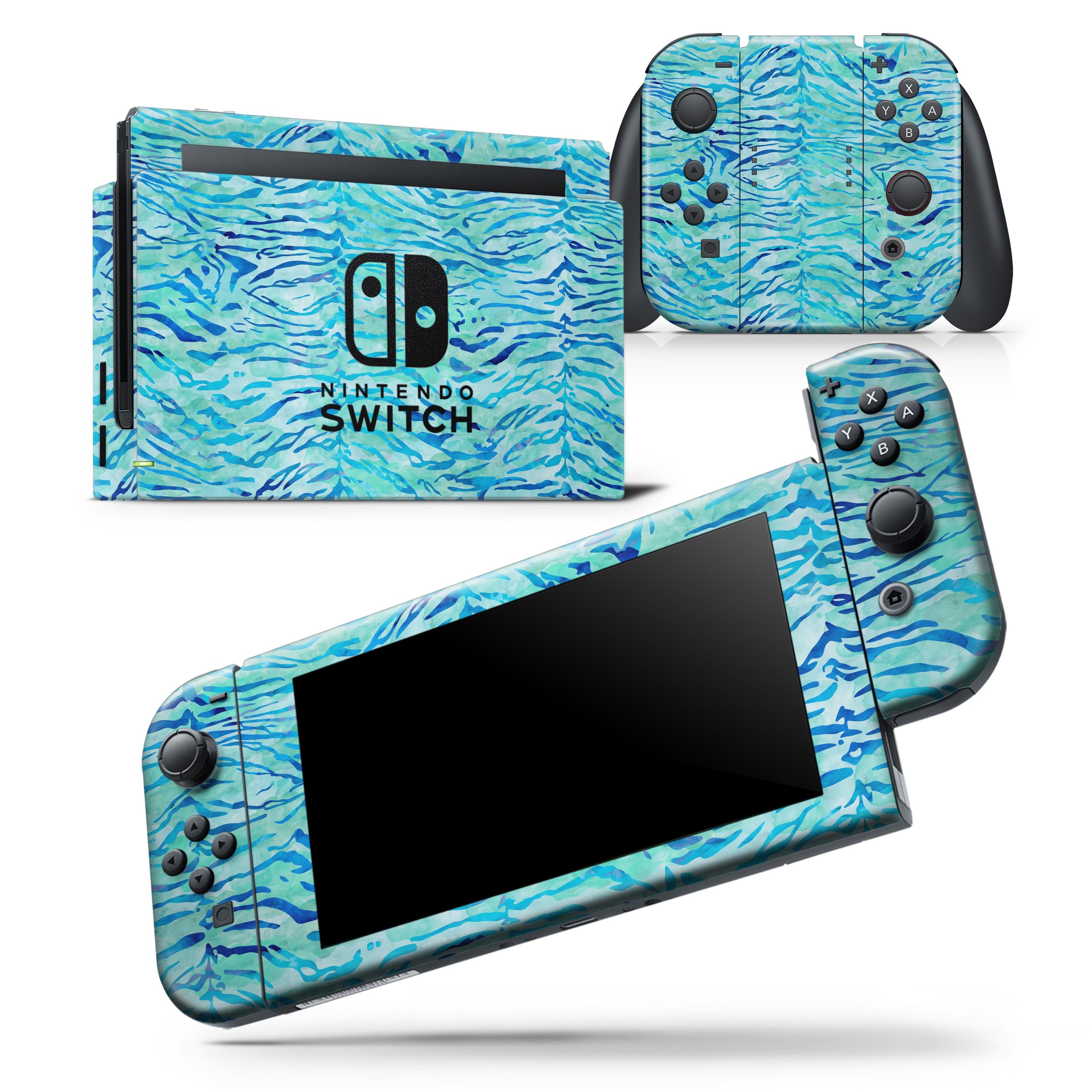 Aqua Watercolor Tiger Pattern skin wrap decal for Nintendo Switch, showcasing vibrant colors and intricate design.