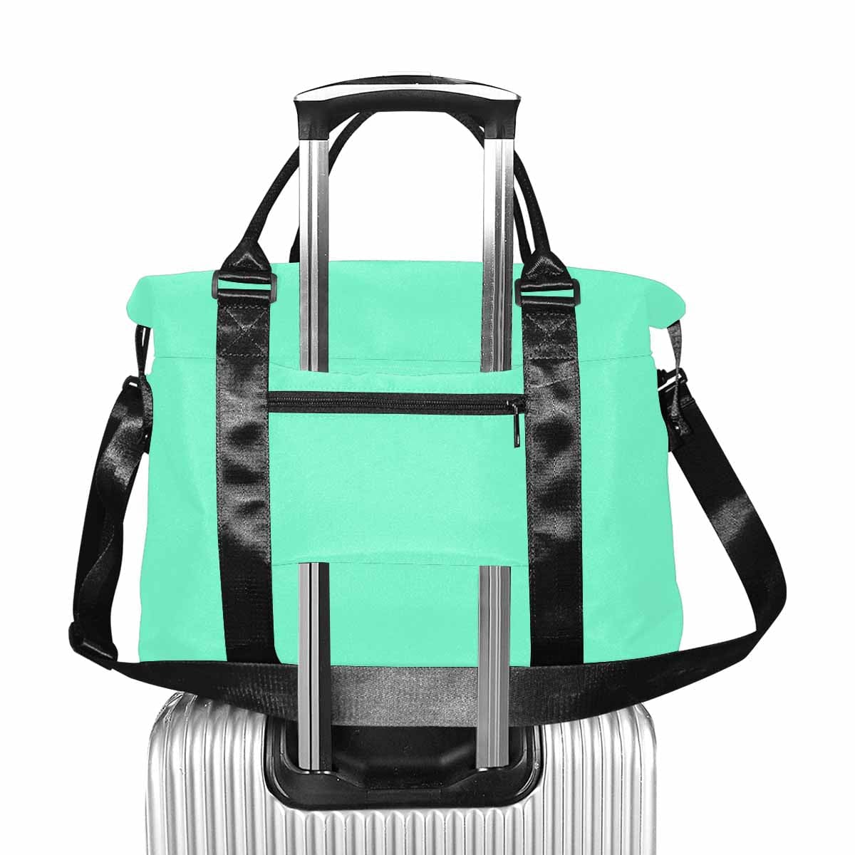 Aquamarine Green Duffel Bag with durable oxford fabric, featuring adjustable strap and multiple pockets for travel convenience.