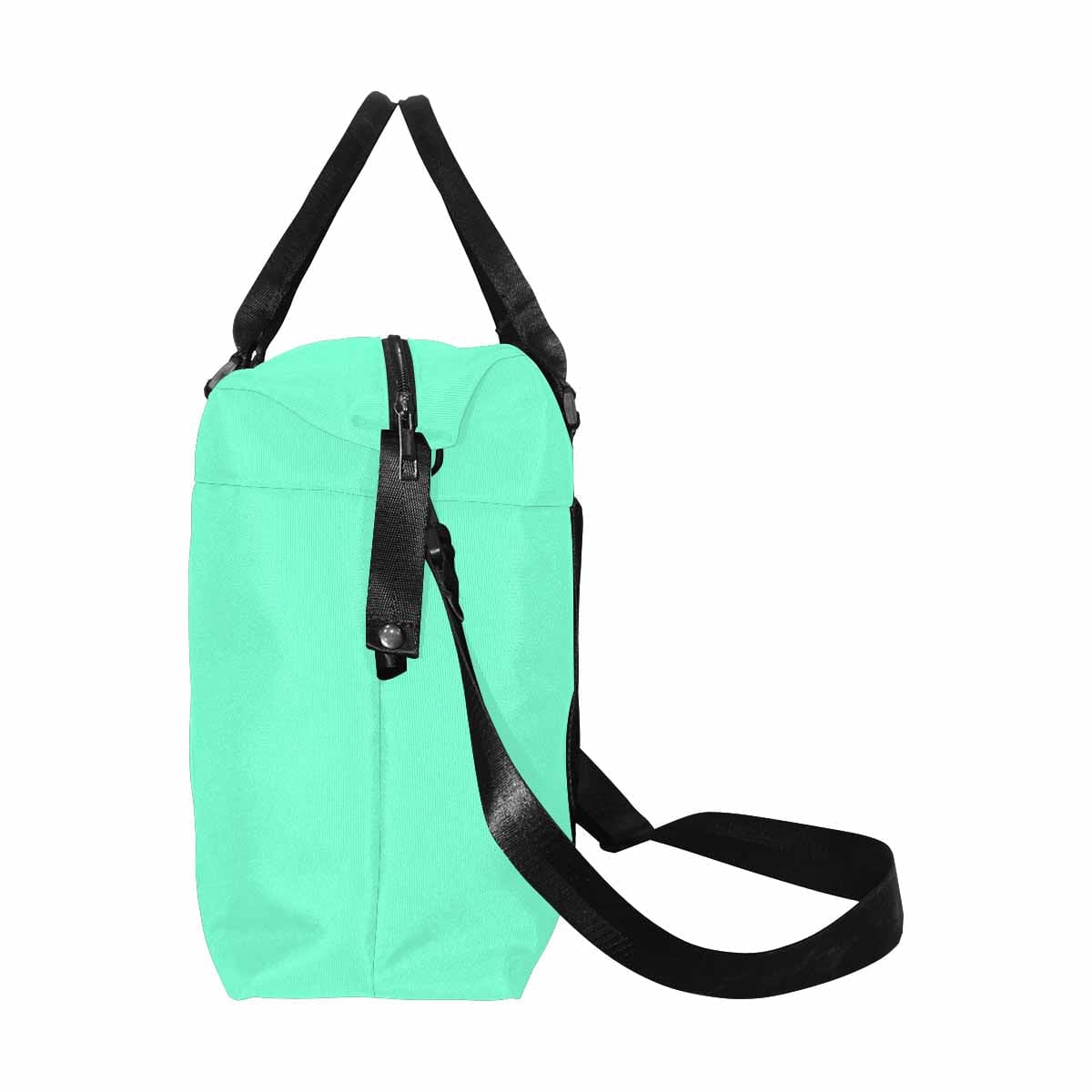 Aquamarine Green Duffel Bag with durable oxford fabric, featuring adjustable strap and multiple pockets for travel convenience.