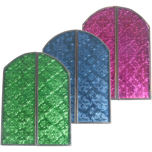 Artisan-crafted arched mirror with recycled glass doors in vibrant colors, showcasing unique design and functionality.