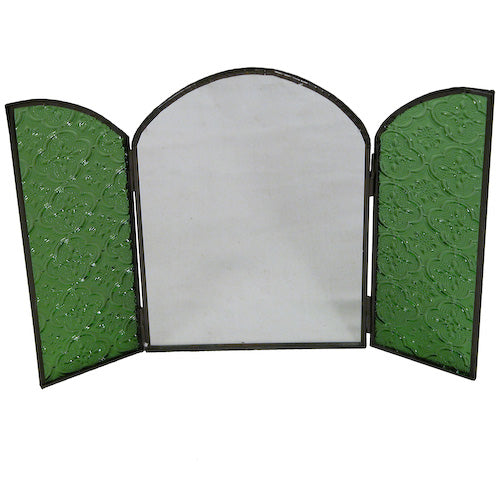 Artisan-crafted arched mirror with recycled glass doors in vibrant colors, showcasing unique design and functionality.