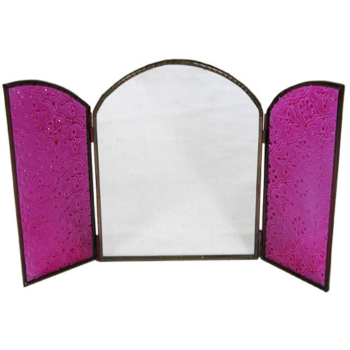 Artisan-crafted arched mirror with recycled glass doors in vibrant colors, showcasing unique design and functionality.