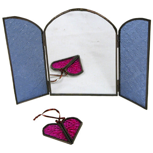 Artisan-crafted arched mirror with recycled glass doors in vibrant colors, showcasing unique design and functionality.