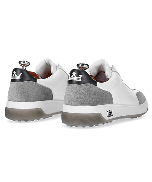 Arezzo White & Grey men's golf shoes showcasing premium leather and soft spikes.