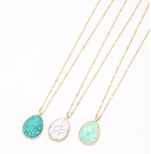 Arielle Stone Pendant Necklace featuring a 29-inch drop, showcasing a beautiful stone pendant in three available colors.