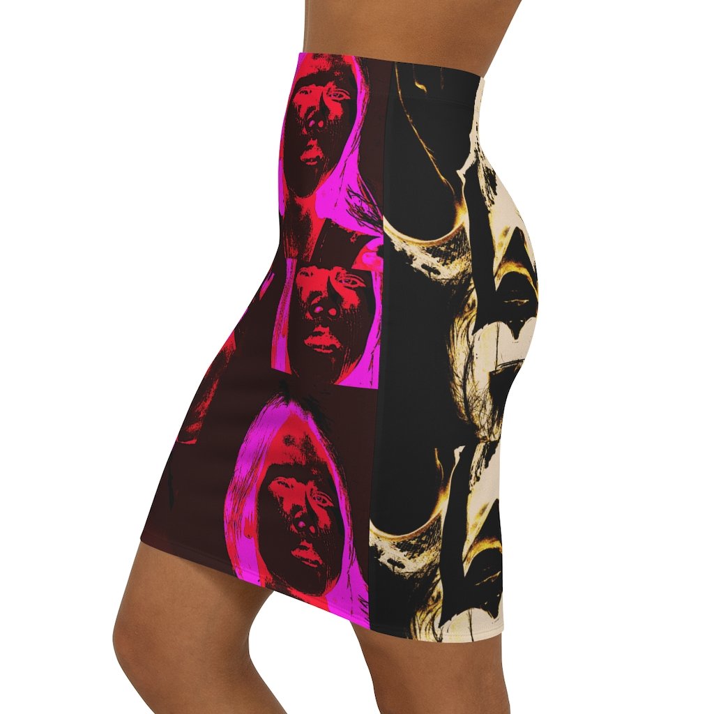 Art Grapha Bodycon Skirt by FIREBODY® showcasing a stylish design with a mid-waist fit and elastic waistband.