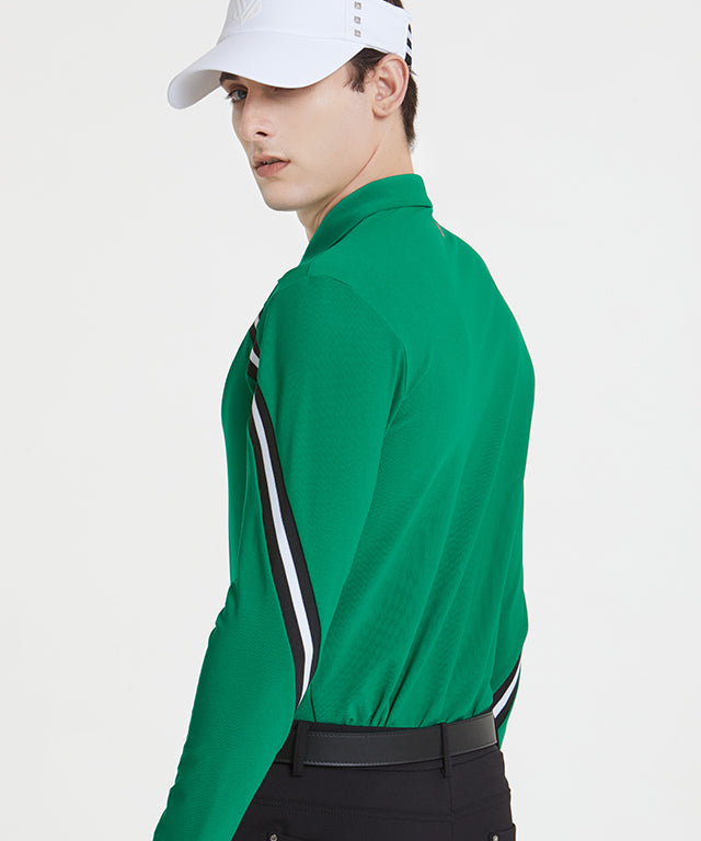 Arte four-sleeve collared T-shirt in green, showcasing its unique design and luxurious knit fabric.