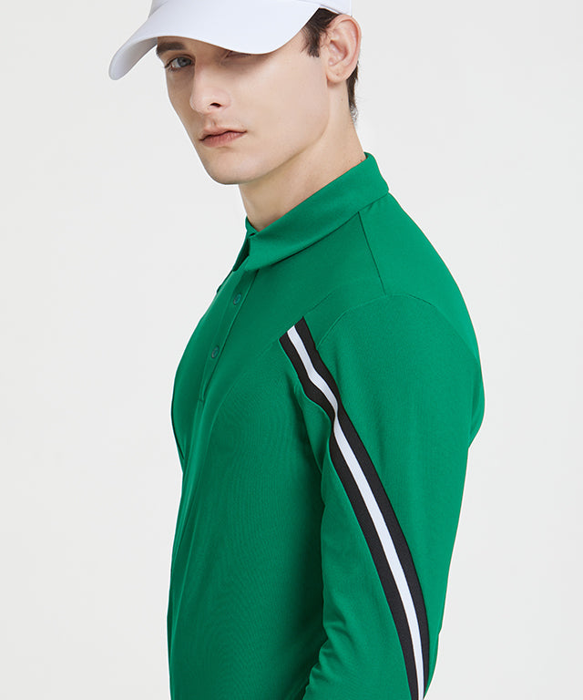 Arte four-sleeve collared T-shirt in green, showcasing its unique design and luxurious knit fabric.