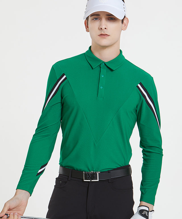 Arte four-sleeve collared T-shirt in green, showcasing its unique design and luxurious knit fabric.