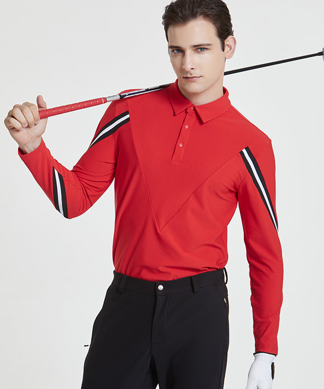 Arte four-sleeve collared T-shirt in vibrant red, showcasing unique design and luxurious ribbed material.