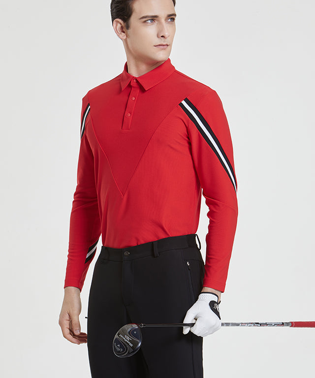 Arte four-sleeve collared T-shirt in vibrant red, showcasing unique design and luxurious ribbed material.