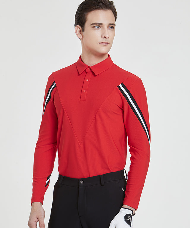 Arte four-sleeve collared T-shirt in vibrant red, showcasing unique design and luxurious ribbed material.