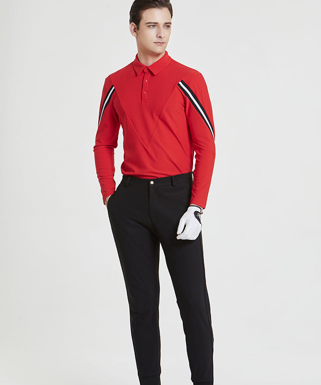 Arte four-sleeve collared T-shirt in vibrant red, showcasing unique design and luxurious ribbed material.