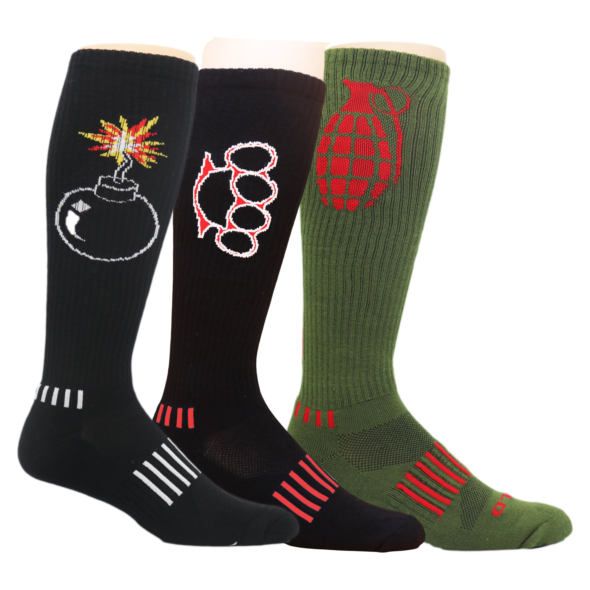 Artillery Knee High Socks 3-Pack featuring Bomb in Black, Brass KNUX in red, and Army Green Grenade designs.