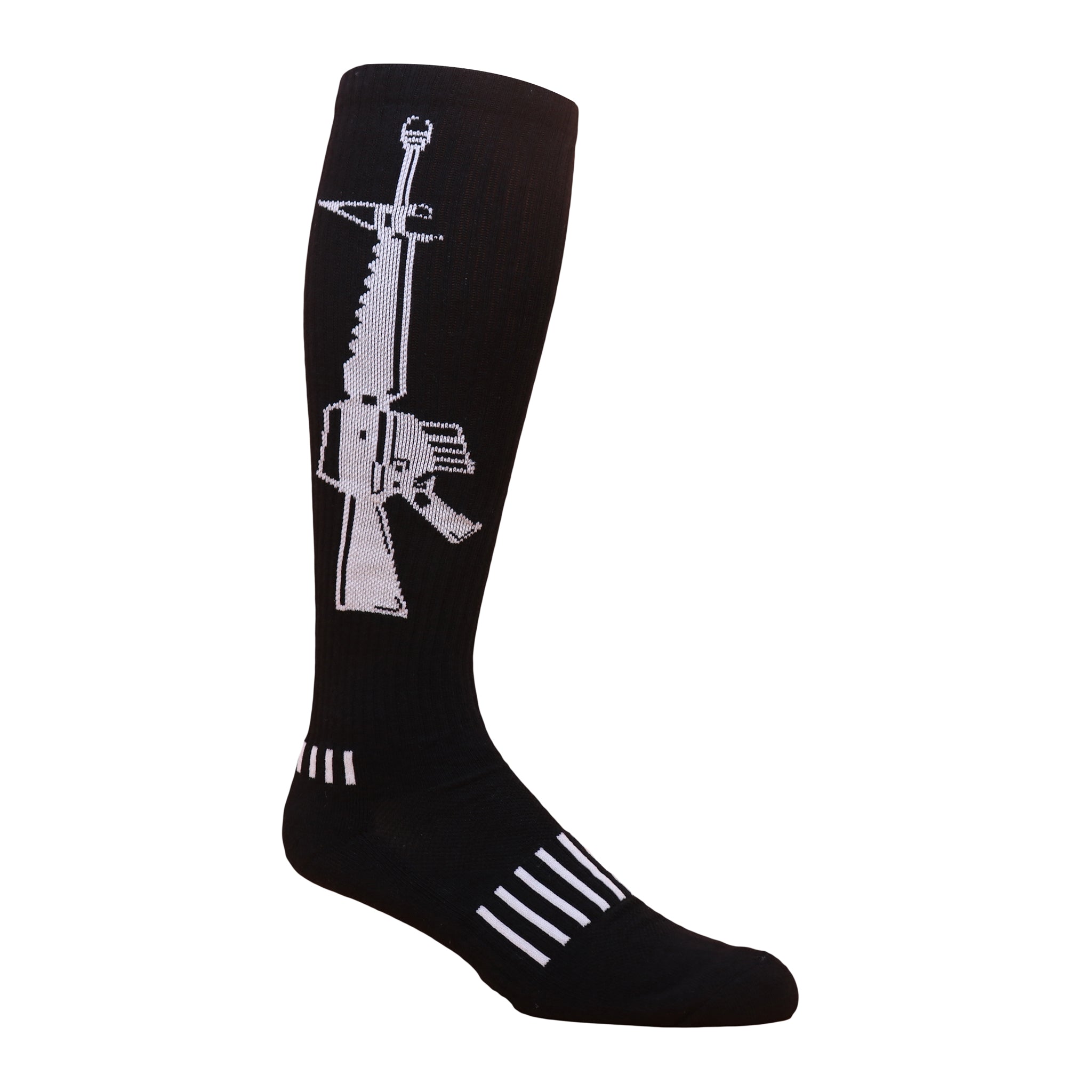 A pair of Assault Knee High Socks featuring a bold M16 design, showcasing durability and comfort for active lifestyles.