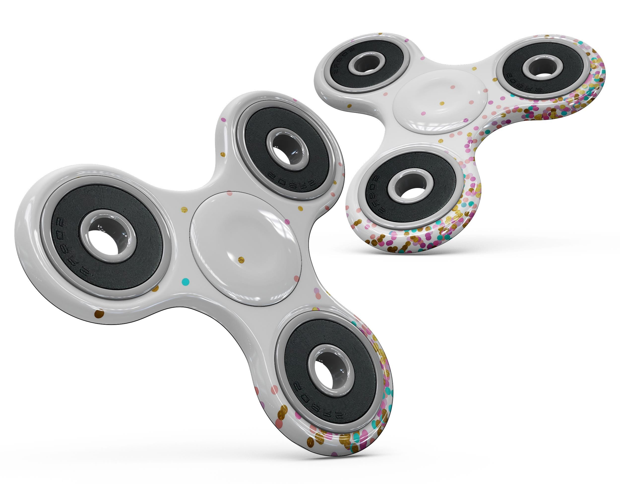 Full-body fidget spinner skin kit featuring ascending multicolor polka dots, showcasing vibrant colors and a stylish design.